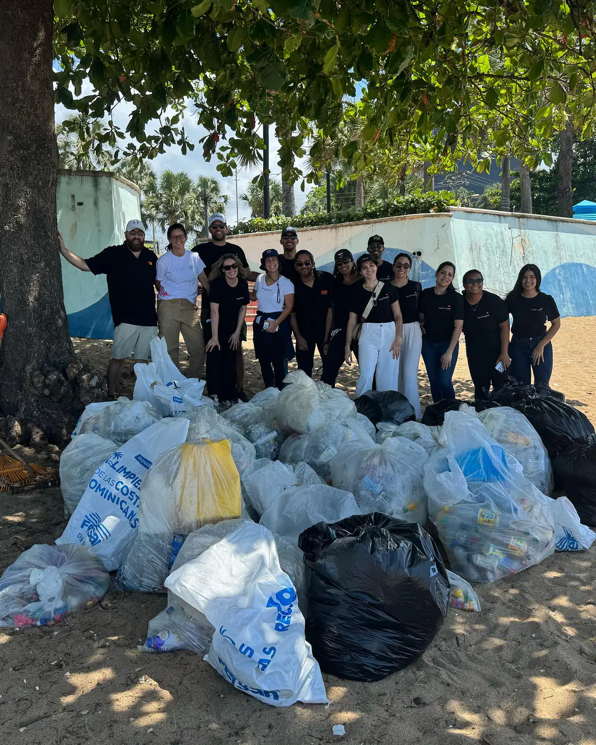 El equipo de voluntarios y aliados posa a la sombra de un árbol detrás de la montaña de fundas y sacos de basura que recogieron durante la jornada de limpieza de playa.